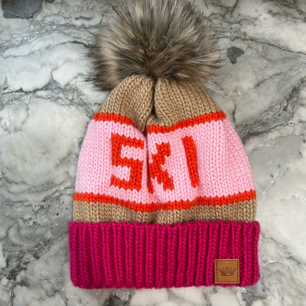 SKI winter hat: NWOT Stylish Pink and Tan Pom-Pom